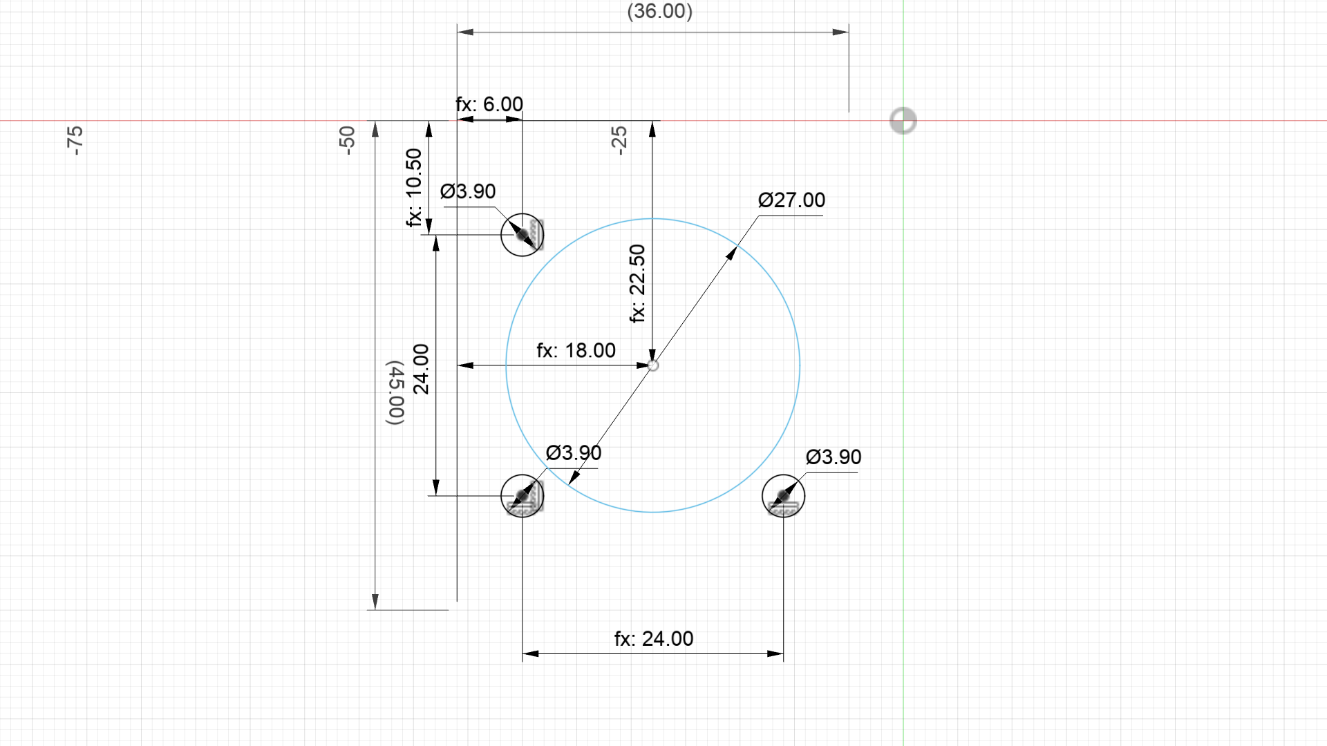 Screenshot of a 2D CAD drawing of the fan cutout and mounting holes Drawing of the fan cutout and mounting holes