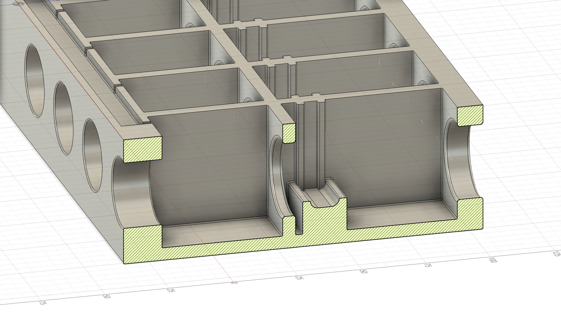 Screenshot of a 3D CAD rendering of the pad holder, sliced to show the channel details Chassis section analysis