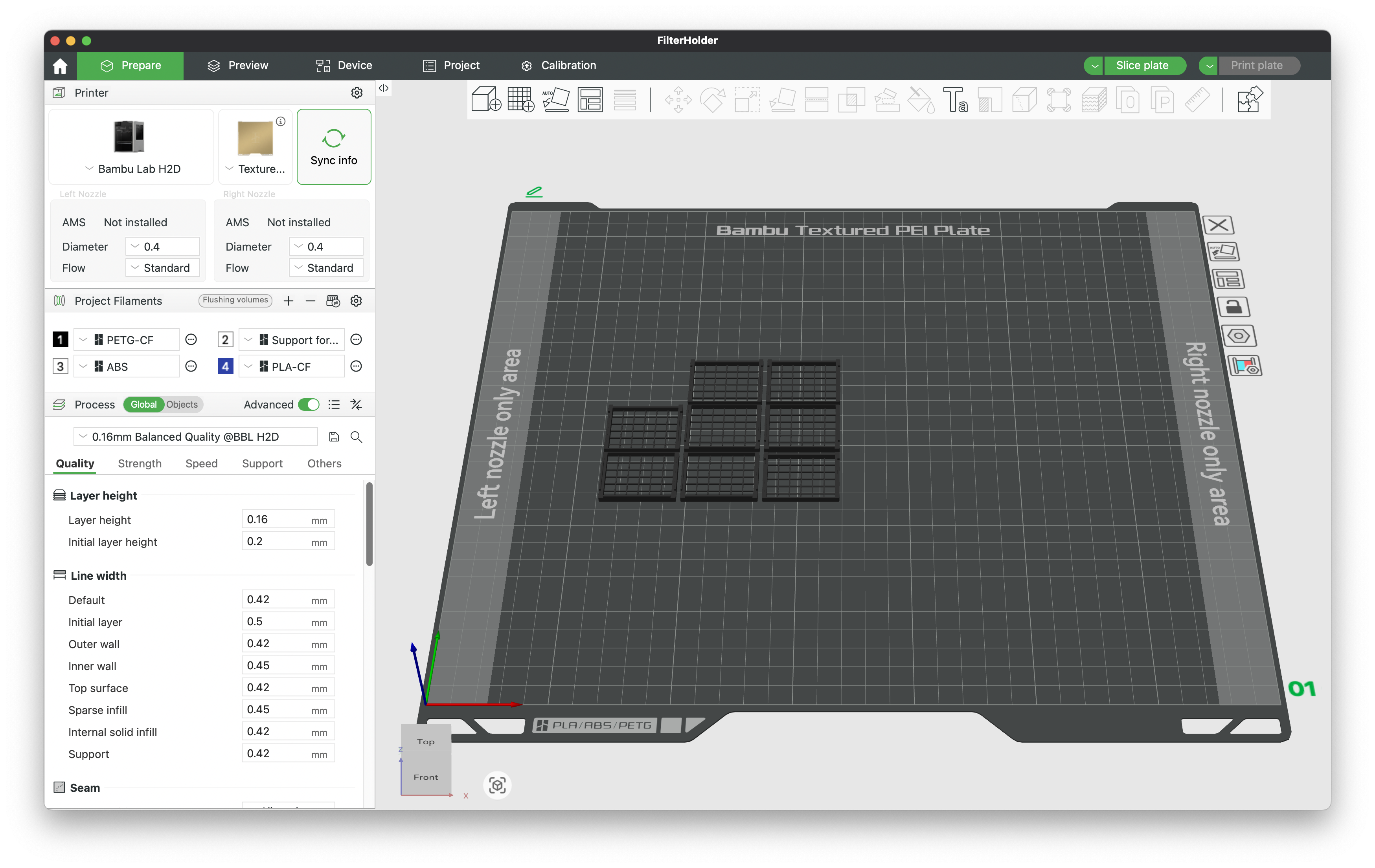 Screenshot of the Pad Holders in Bambu Studio Pad holder print preparation