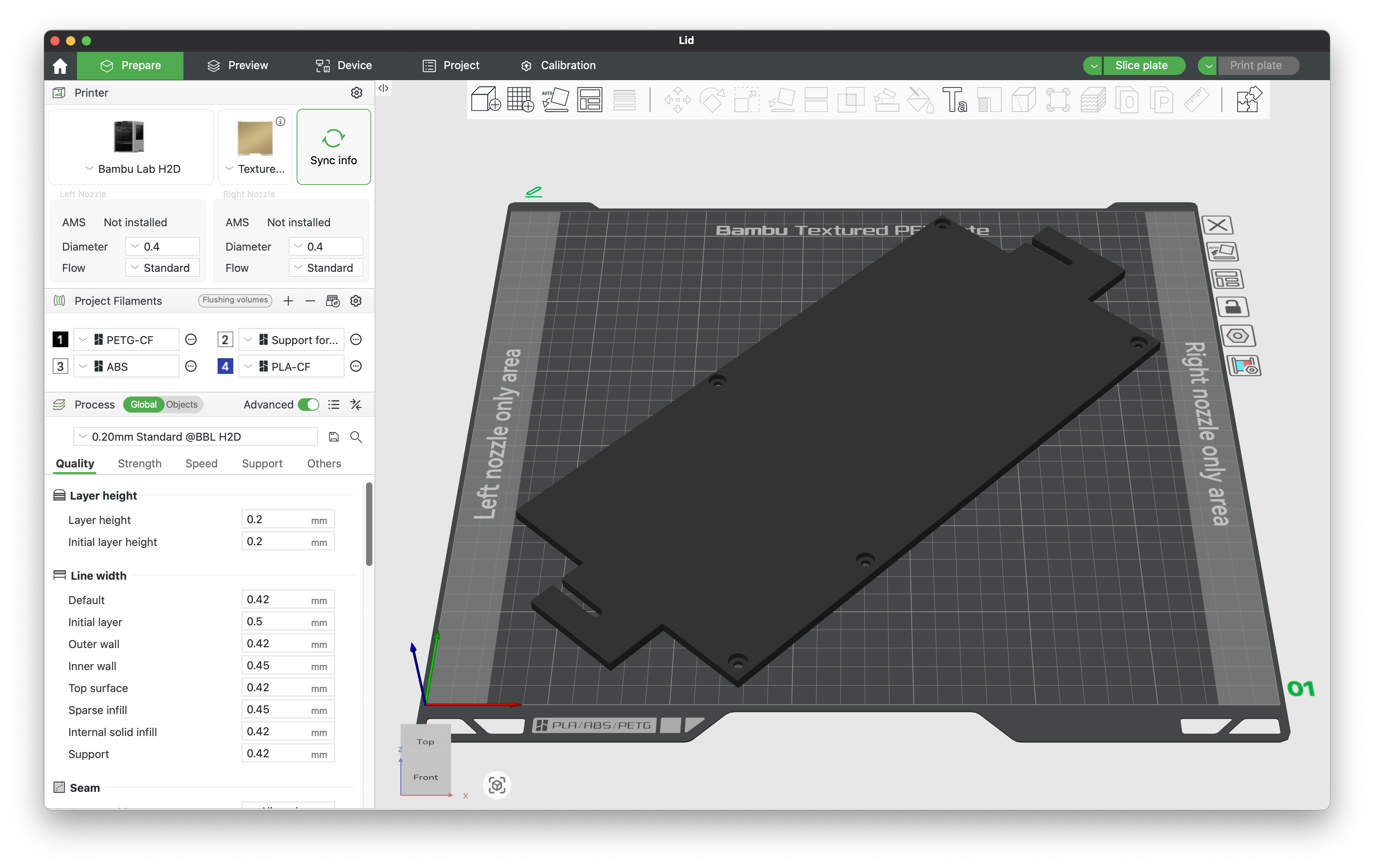 Screenshot of the Lid in Bambu Studio Lid print preparation