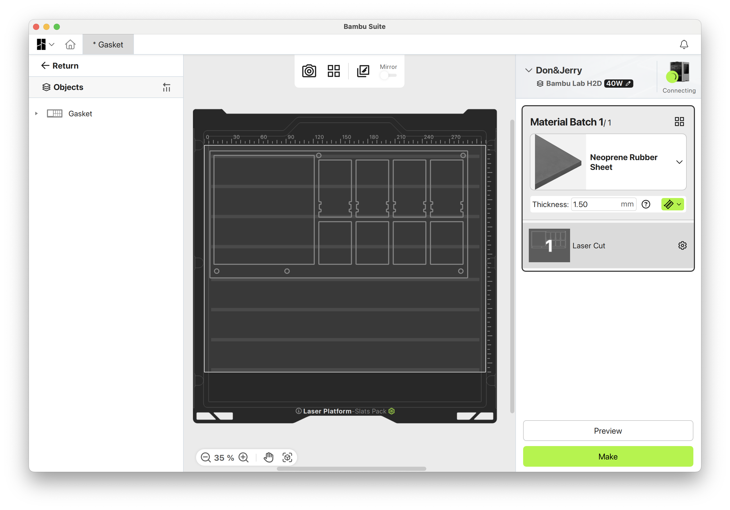Screenshot of the gasket in Bambu Suite Gasket laser cut preparation