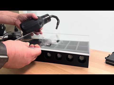 Video of me putting smoke into one of the chambers with a handheld smoke generator, covering with acrylic, and demonstrating that the fan pulls the smoke out of the chamber Smoke test