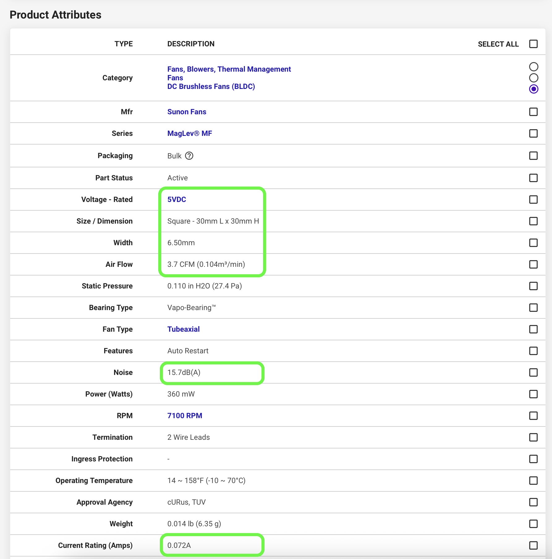 Screenshot of DigiKey page with voltage, size, width, air flow, noise, and current rating circled Inspecting relevant fan specifications