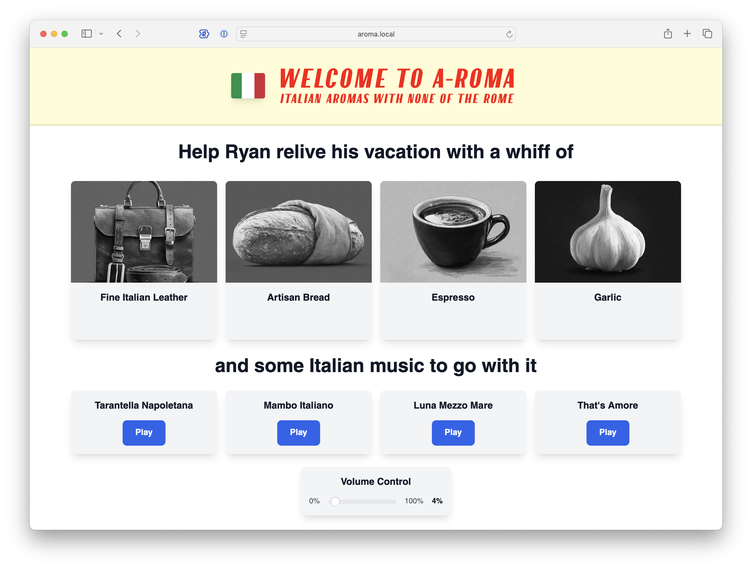 Screenshot of a website with 4 buttons to dispense different scents and 4 buttons to play different songs The final website - escalation edition