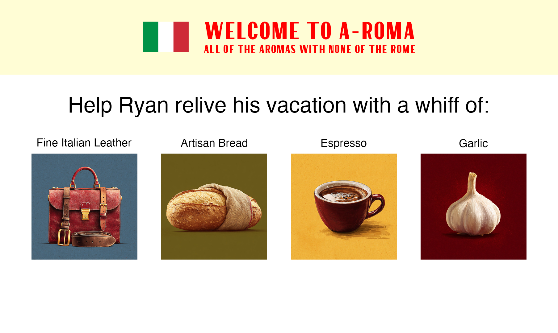 Image of a website mock-up with 4 buttons representing different scents Mock-up I created in Photoshop