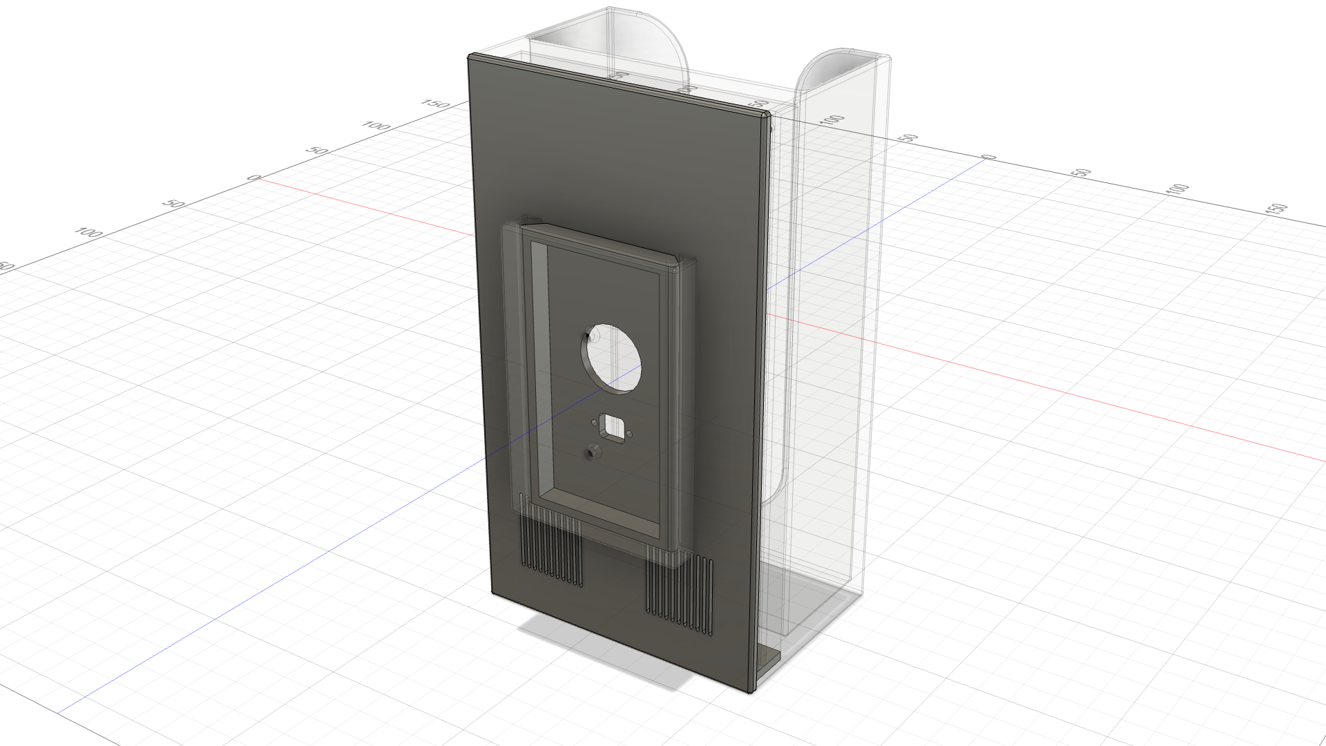 Screenshot of a CAD model of the BleatBox's back as viewed from the back BleatBox back (back view)