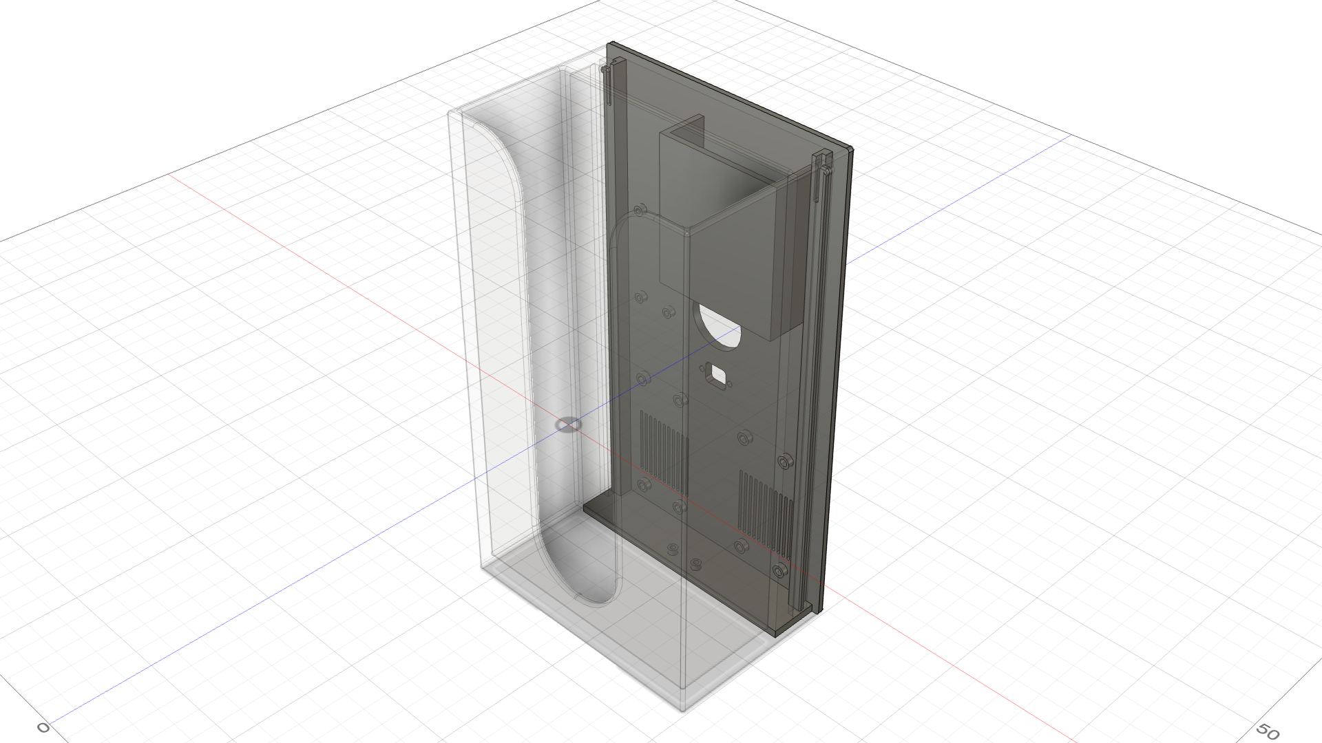 Screenshot of a CAD model of the BleatBox's back as viewed from the front BleatBox back (front view)