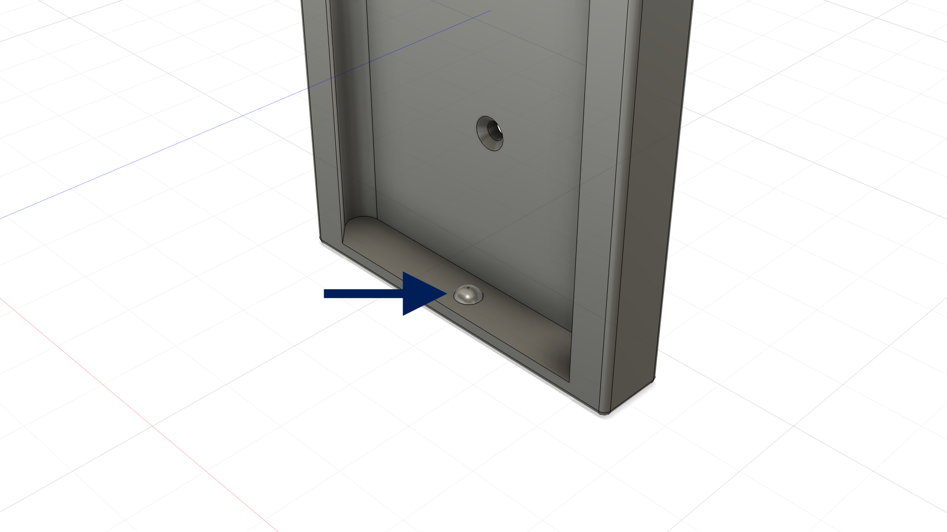 Screenshot of a CAD model of the BleatBox's wall mount with an arrow pointing to the round nub BleatBox mount jankifier