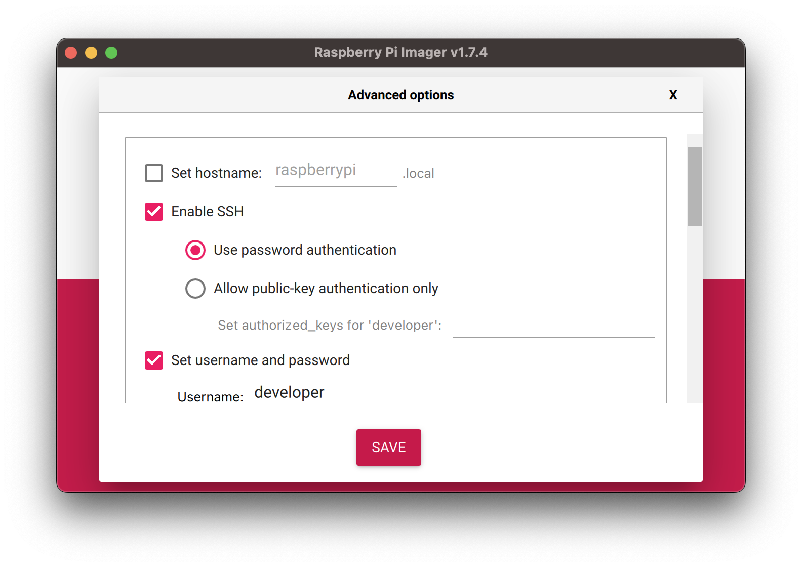 Screenshot of the Raspberry Pi Imager Advanced Options Menu